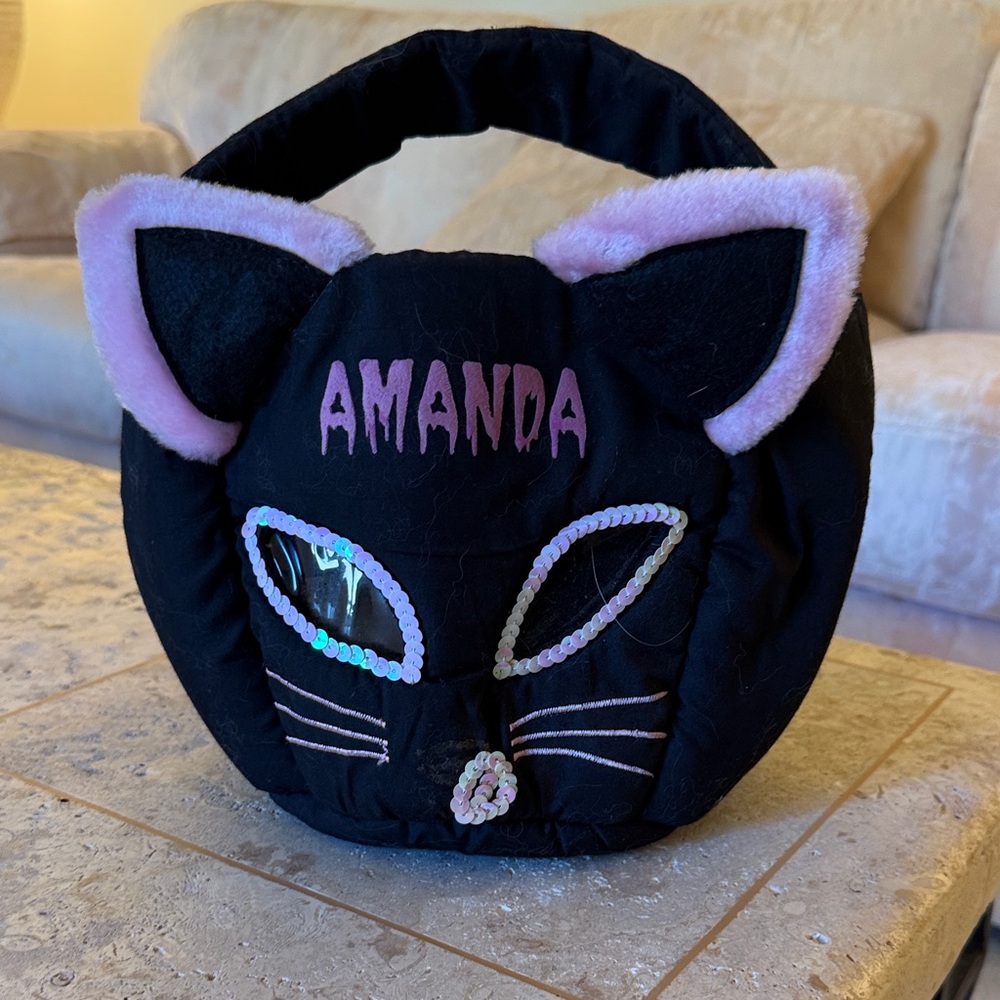 Black and Pink Cat Halloween Bag with “AMANDA” embroidered on front.